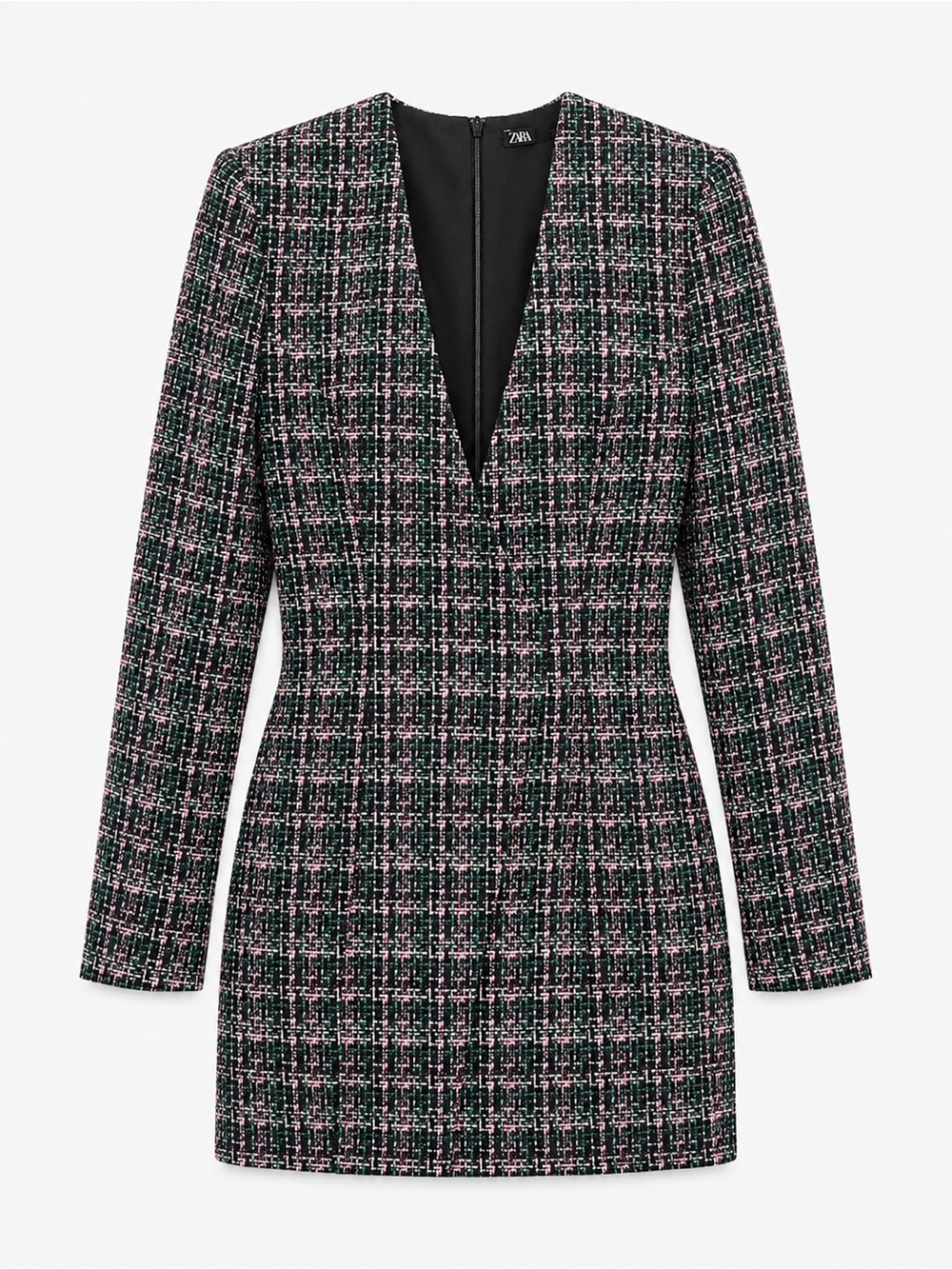 Zara Structured Metallic Tweed Mini Dress XS Black Pink Green Boucle V Neck